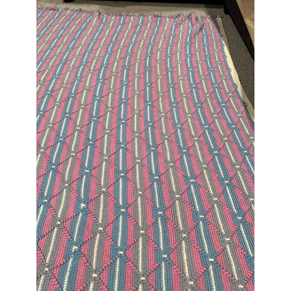 Handmade Crochet Blanket Throw Pink Blue‎ Gray White Striped Afghan Cottage - Picture 3 of 8